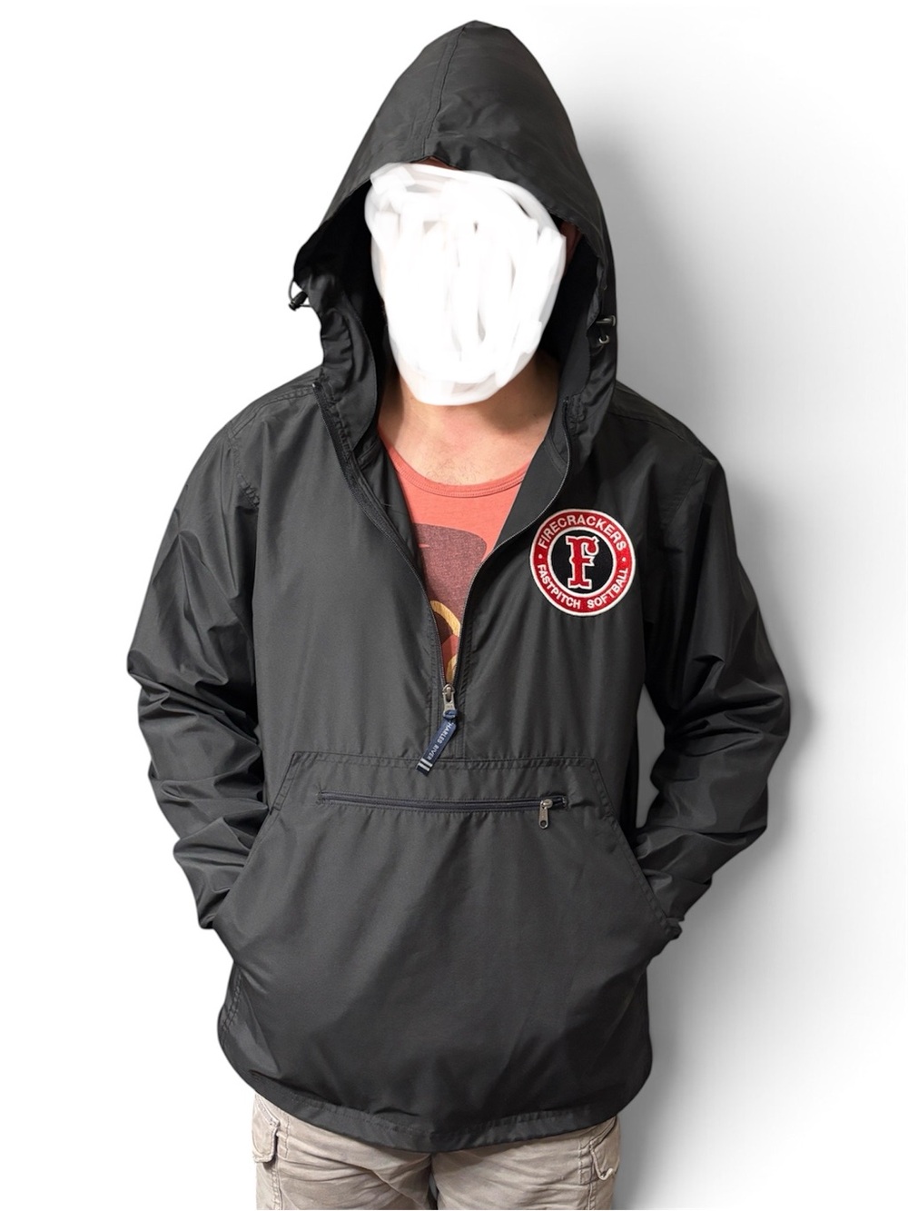 Men's Black Hooded Windbreaker/raincoat Jacket with Front Zip Pocket